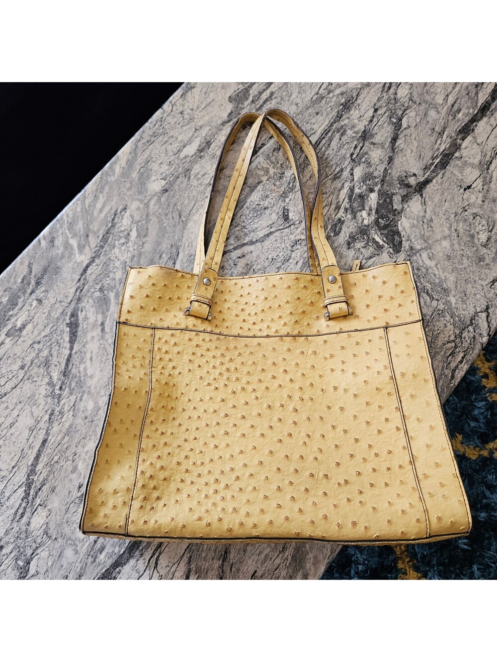 Yellow Ostrich Embossed Vegan Leather Tote Bag - Quill Texture Shoulder Purse